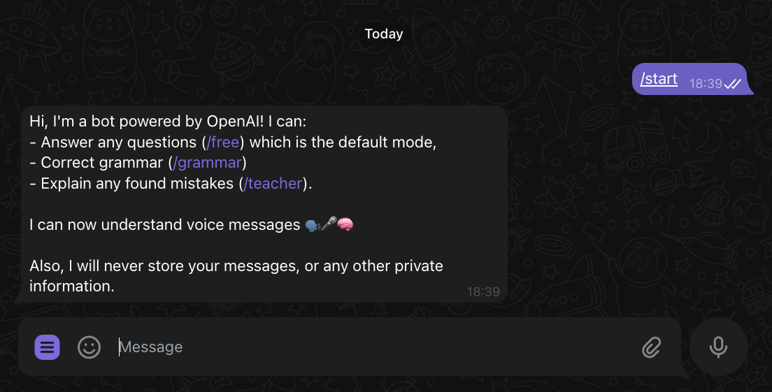 Gienji Telegram Bot - Dilbilgisi kontrol etmek veya herhangi bir şey sormak için AI ile ses ve metin sohbet medya 1
