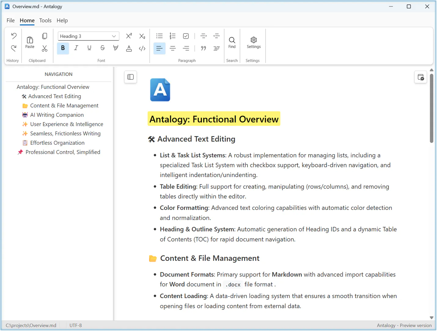 Antalogy: real Word-like Markdown editor screenshot