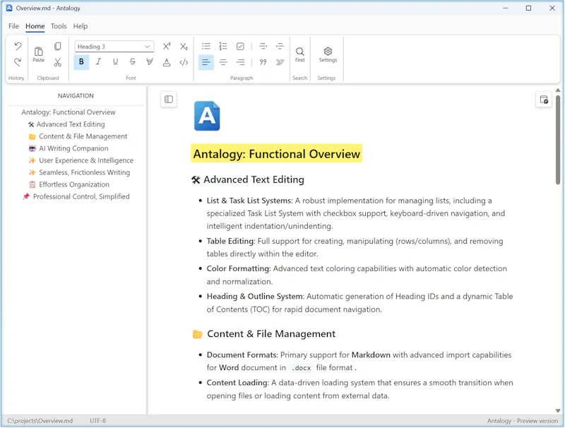Antalogy: real Word-like Markdown editor screenshot 1