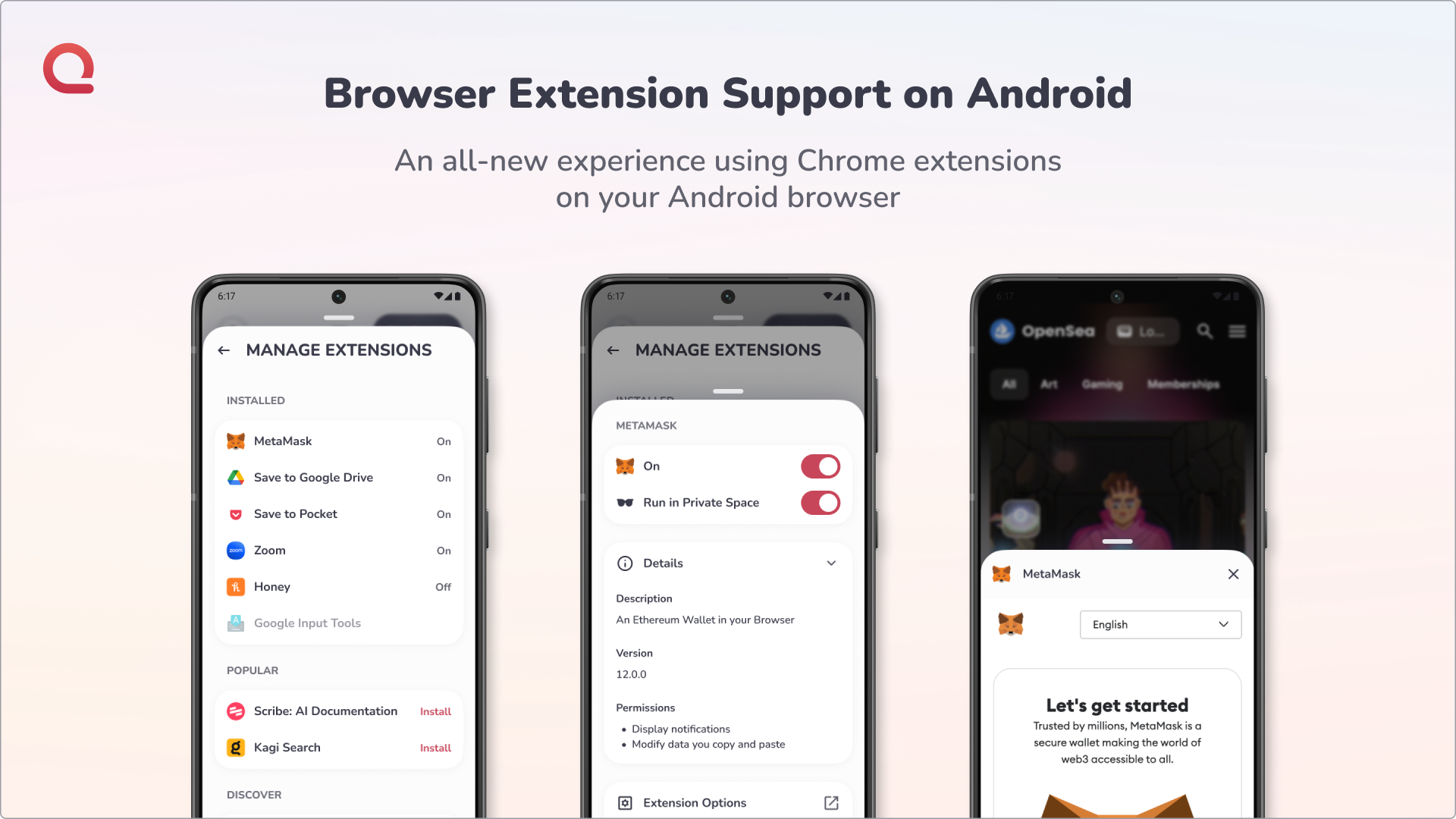 وسائط امتدادات Quetta لنظام Android - أفضل متصفح Android مع دعم تمديد الكروم 2