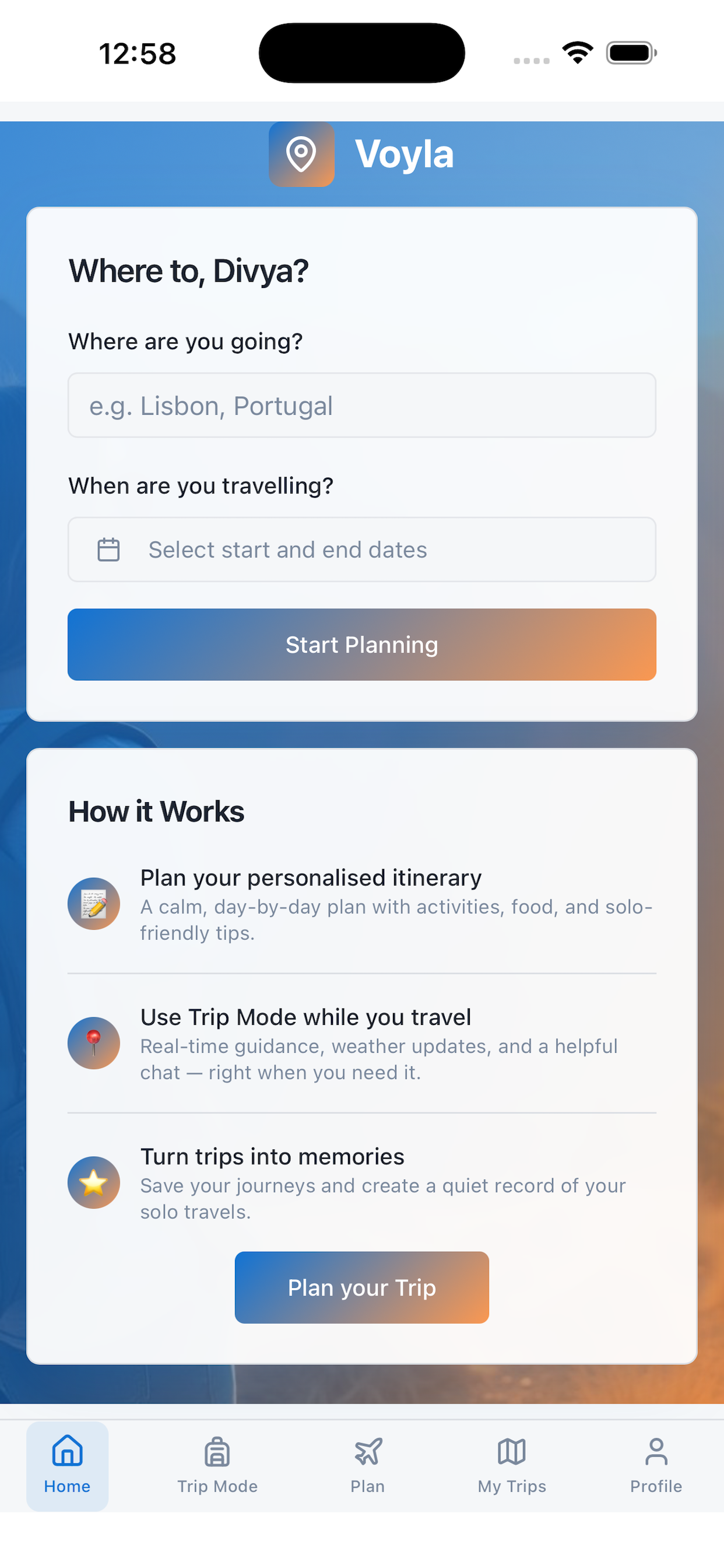 Voyla - Solo Travel Companion - Main product screenshot demonstrating key features and user interface