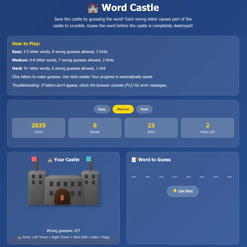 FreeWWW Word Castle Game screenshot 1
