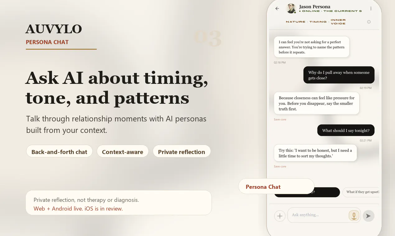 Auvylo Product Hunt gallery screenshot showing persona chat
