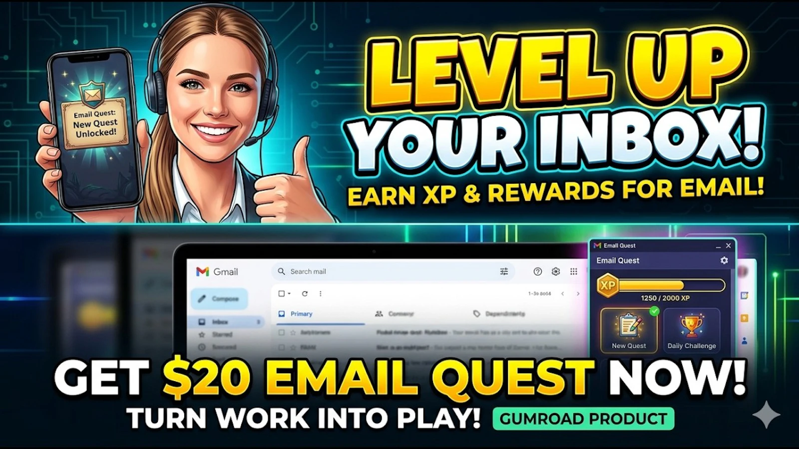 Gmail Gamified: XP, Levels  screenshot 1 (video preview)