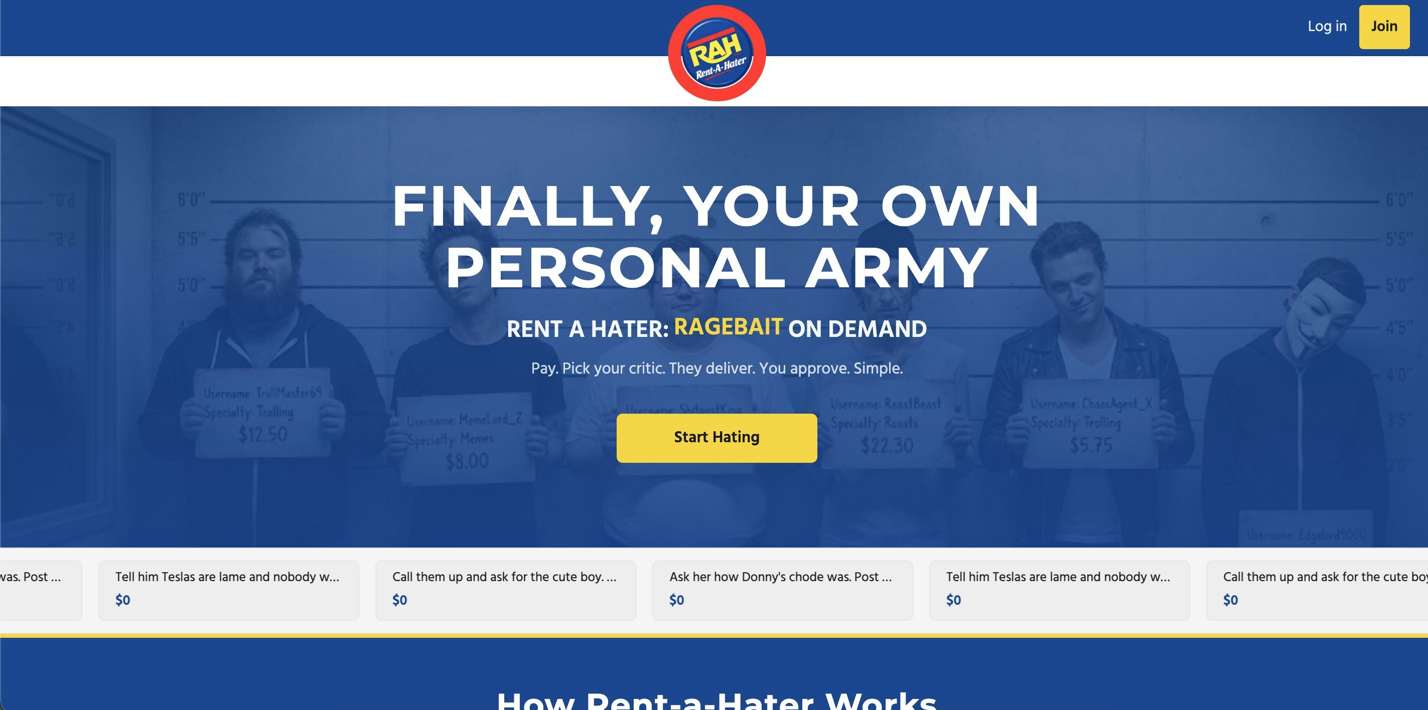 Rent-a-Hater - Main product screenshot demonstrating key features and user interface