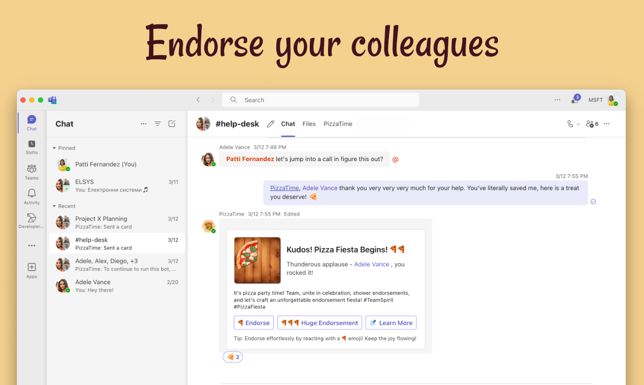 Microsoft Teams için Pizzatime - Bir dilim pizza ile takım arkadaşlarınıza "teşekkürler" deyin 🍕 medya 2