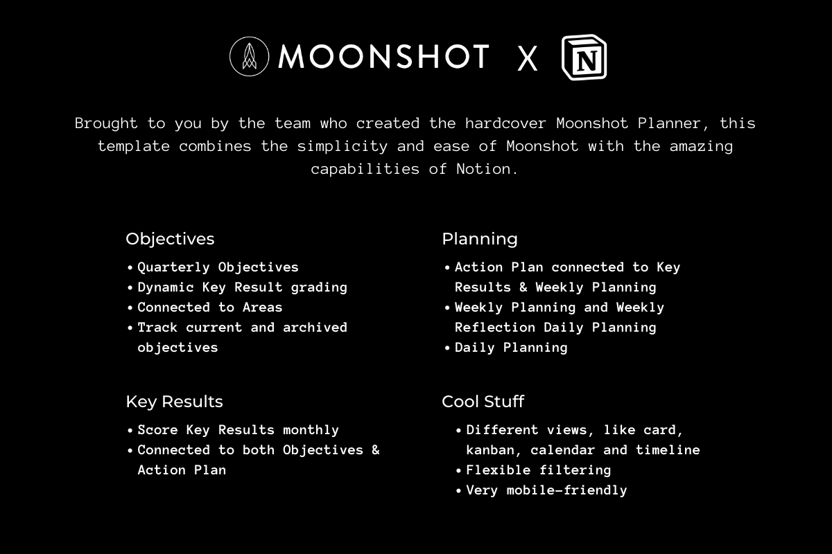 Mídia 2 de Modelo de noção Okr Moonshot - Mira mais alto com uma noção simples e eficaz OKR Planner