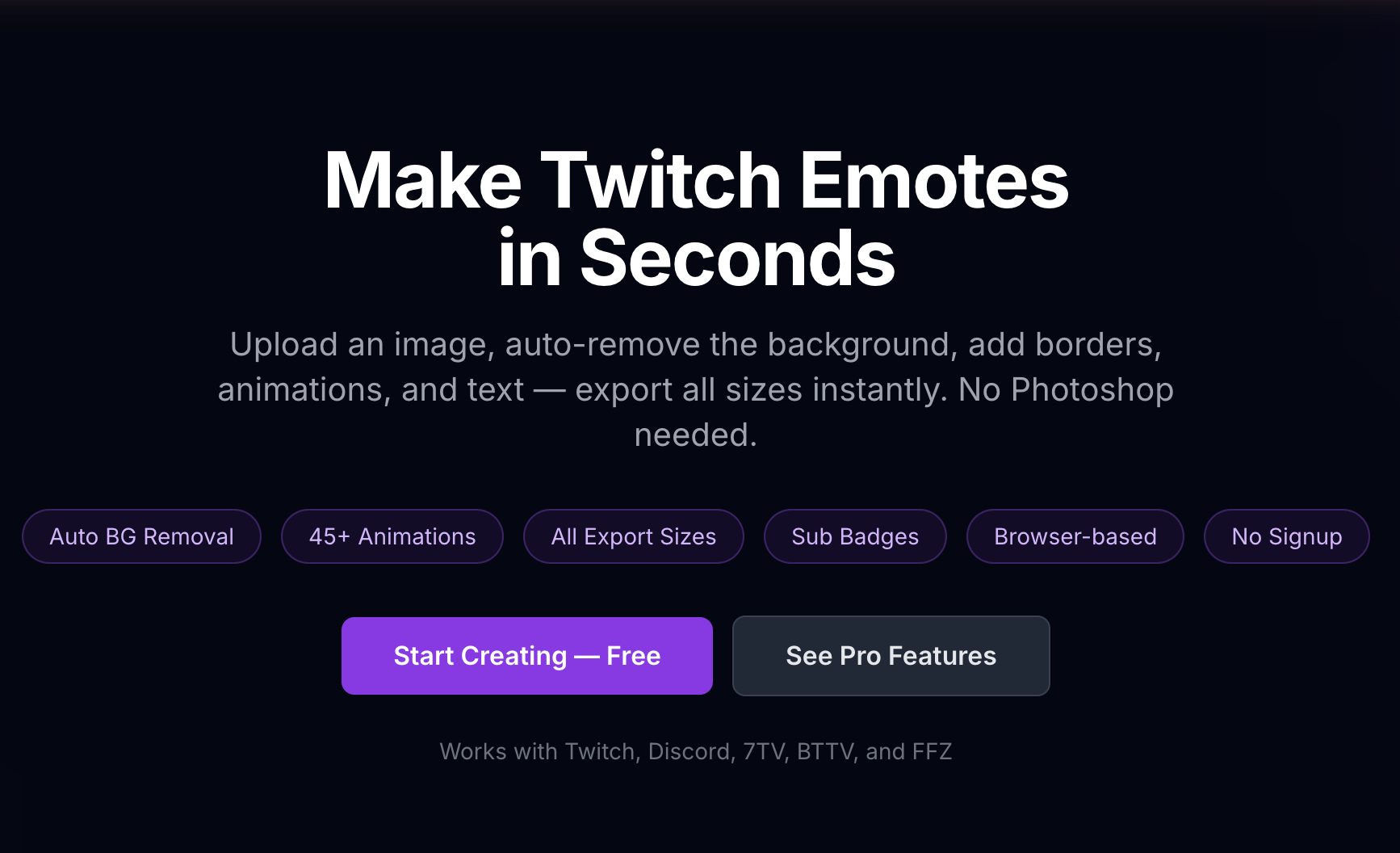MakeEmotes — Twitch Emote Maker - Main product screenshot demonstrating key features and user interface