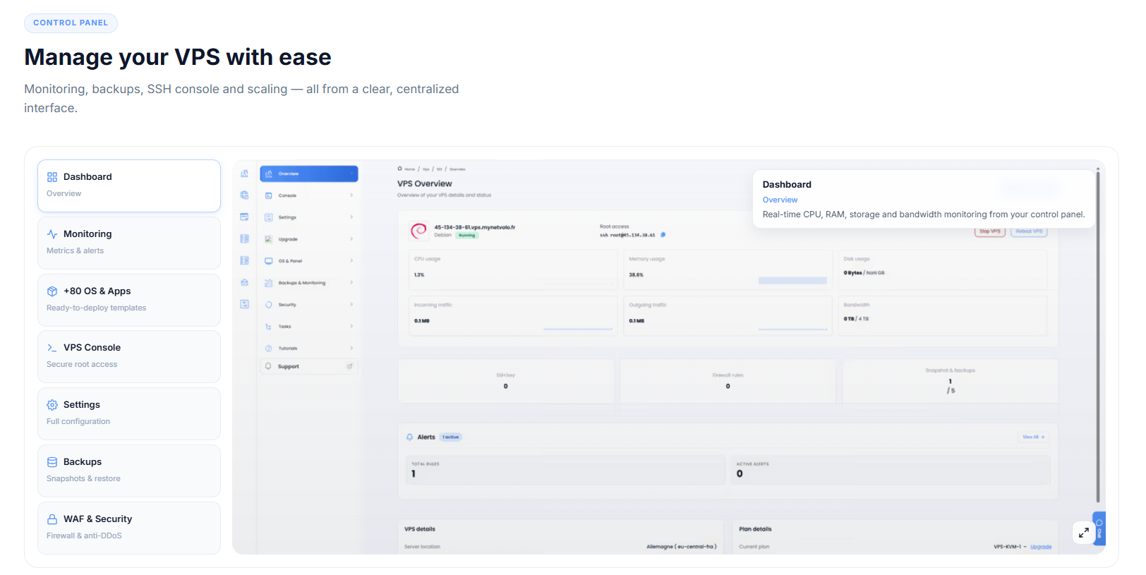 Netvolo Hosting - Main product screenshot demonstrating key features and user interface