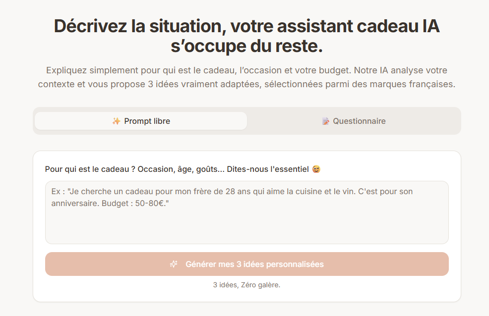 Idées de cadeaux personnalisées par IA - Main product screenshot demonstrating key features and user interface