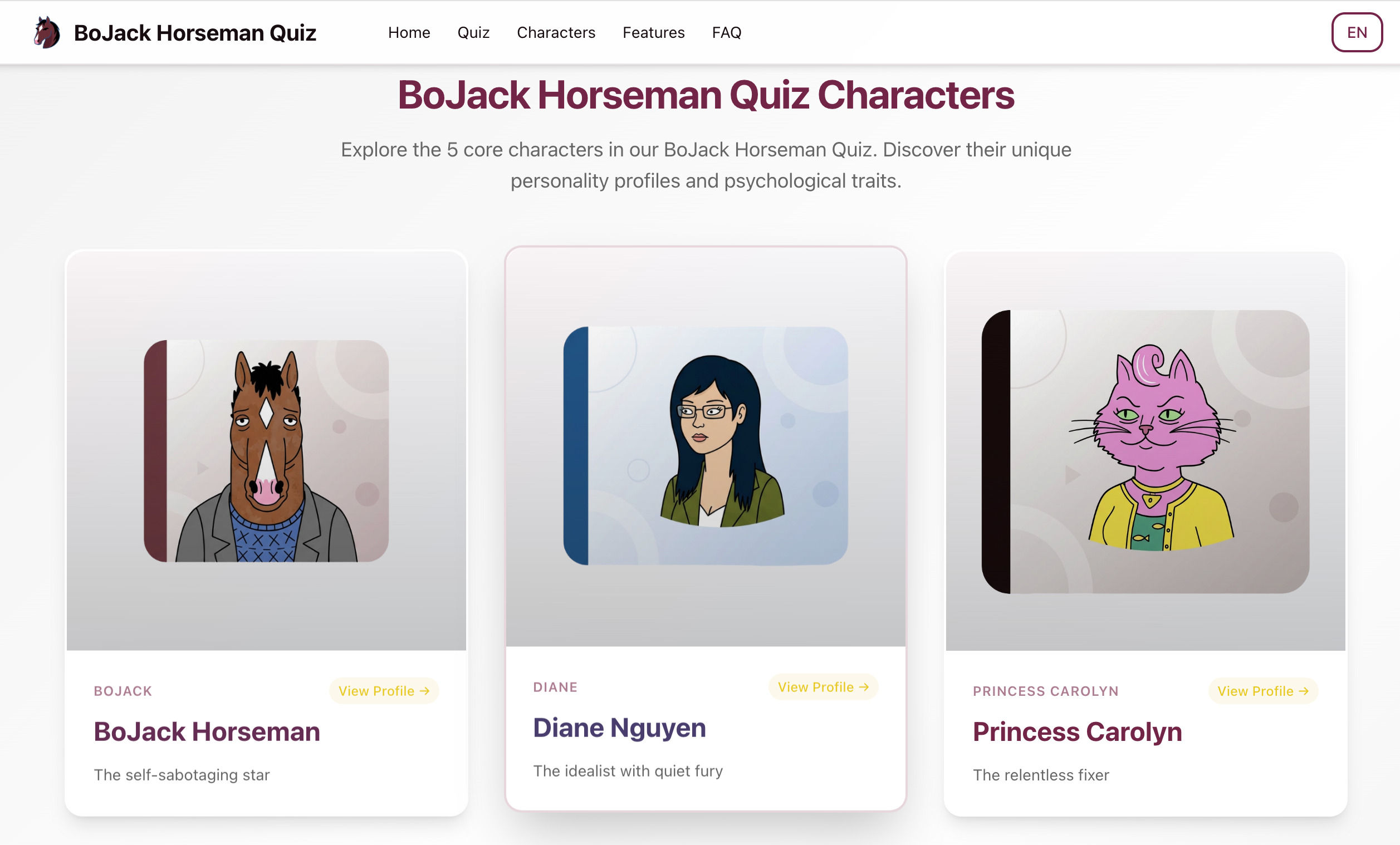 BoJack Horseman Quiz - Main product screenshot demonstrating key features and user interface