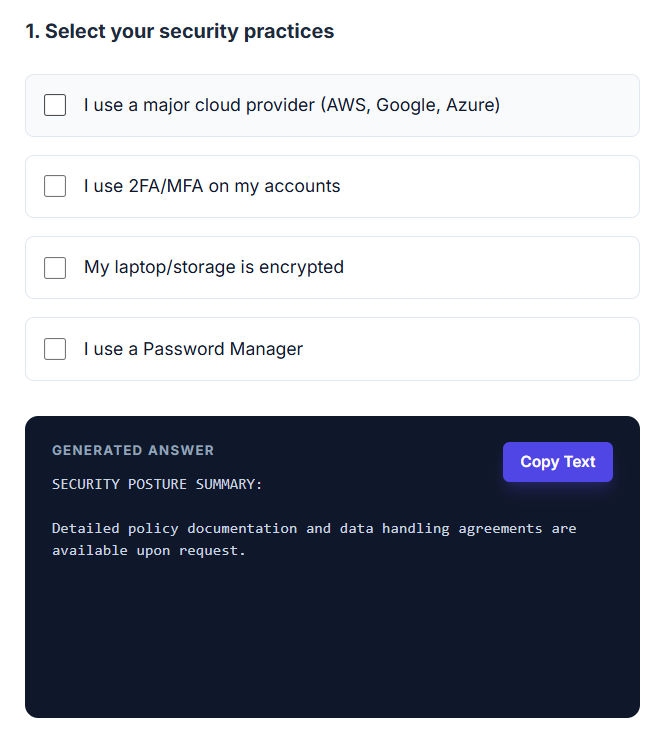 Security Questionnaire Helper - Main product screenshot demonstrating key features and user interface
