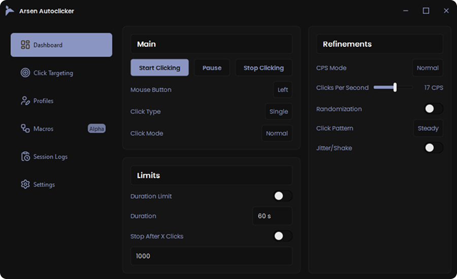 Arsen Autoclicker & Macro - Main screenshot showing features and interface
