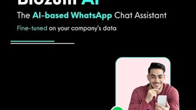 배경에 WhatsApp 대화 인터페이스가 있는 Blozum AI 로고가 표시된 스마트폰