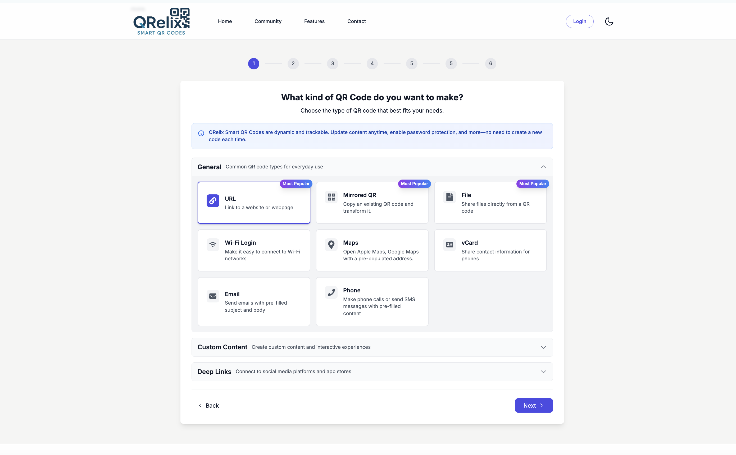 QRelix.com - Smart QR Codes That Work - Screenshot 2 showing product features and functionality