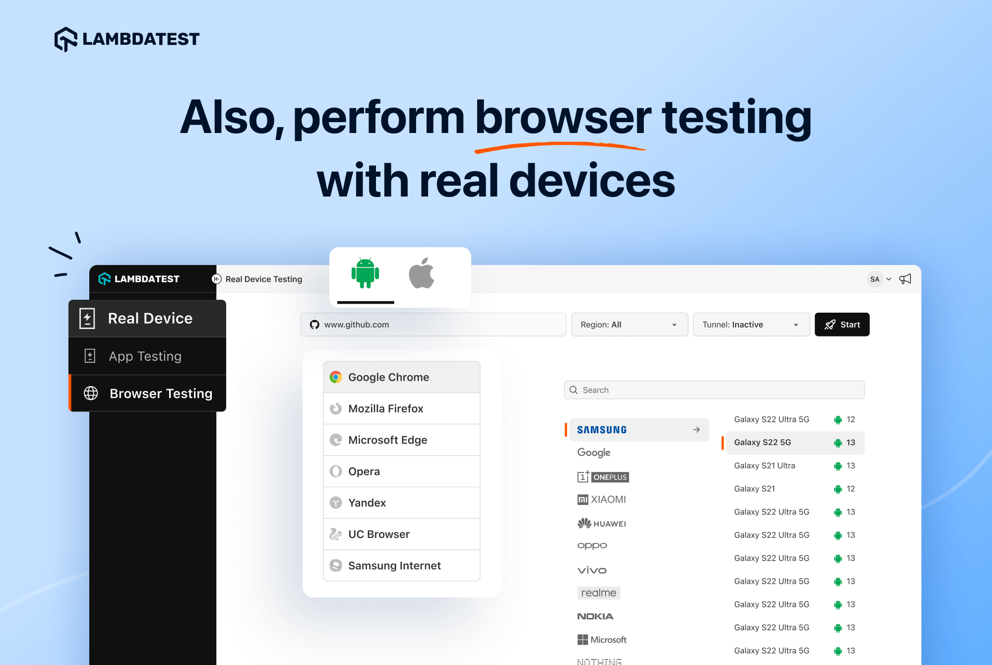 Lambdatest 실제 장치 클라우드 - 3000 개의 실제 Android 및 iOS 장치에서 온라인 앱을 테스트하십시오. 미디어 7