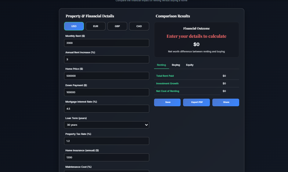 Rent vs. Buy Calculator - Screenshot 2 showing product features and functionality
