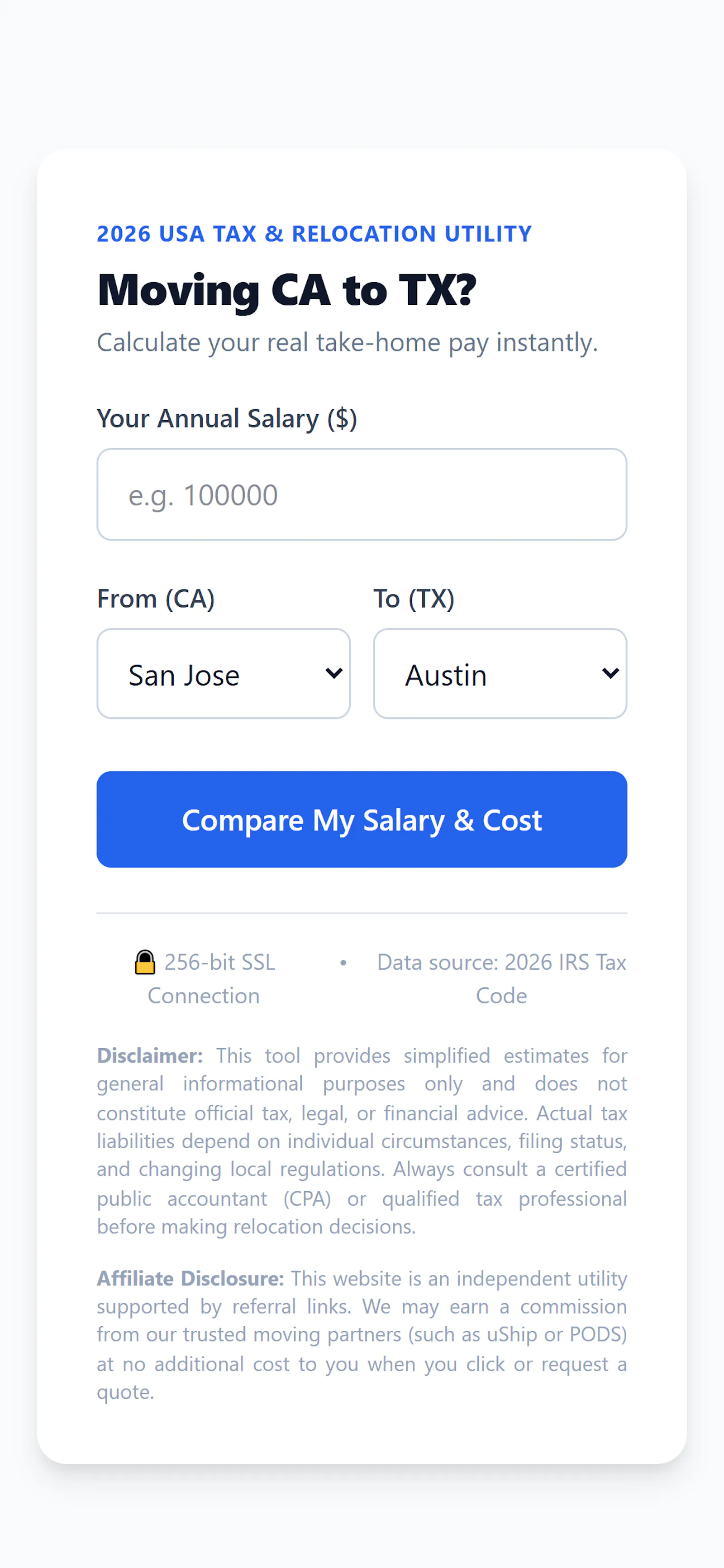 CA to TX Tax Calculator (MVP) screenshot 1