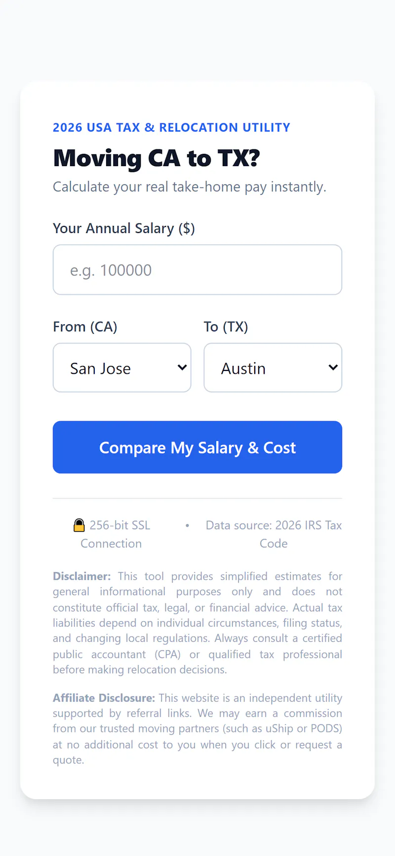 CA to TX Tax Calculator (MVP) screenshot 1