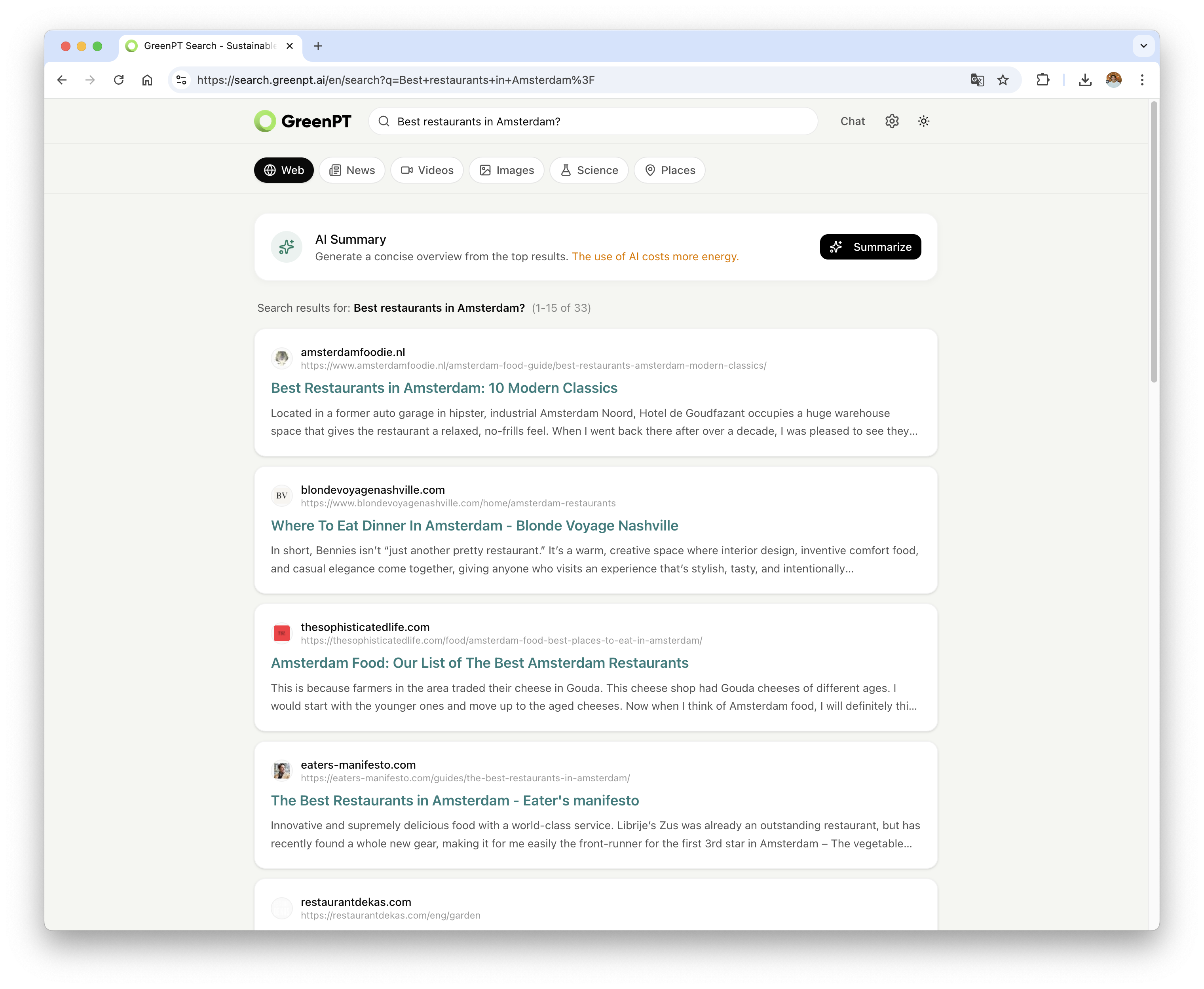 GreenPT Search - Screenshot 2 showing product features and functionality