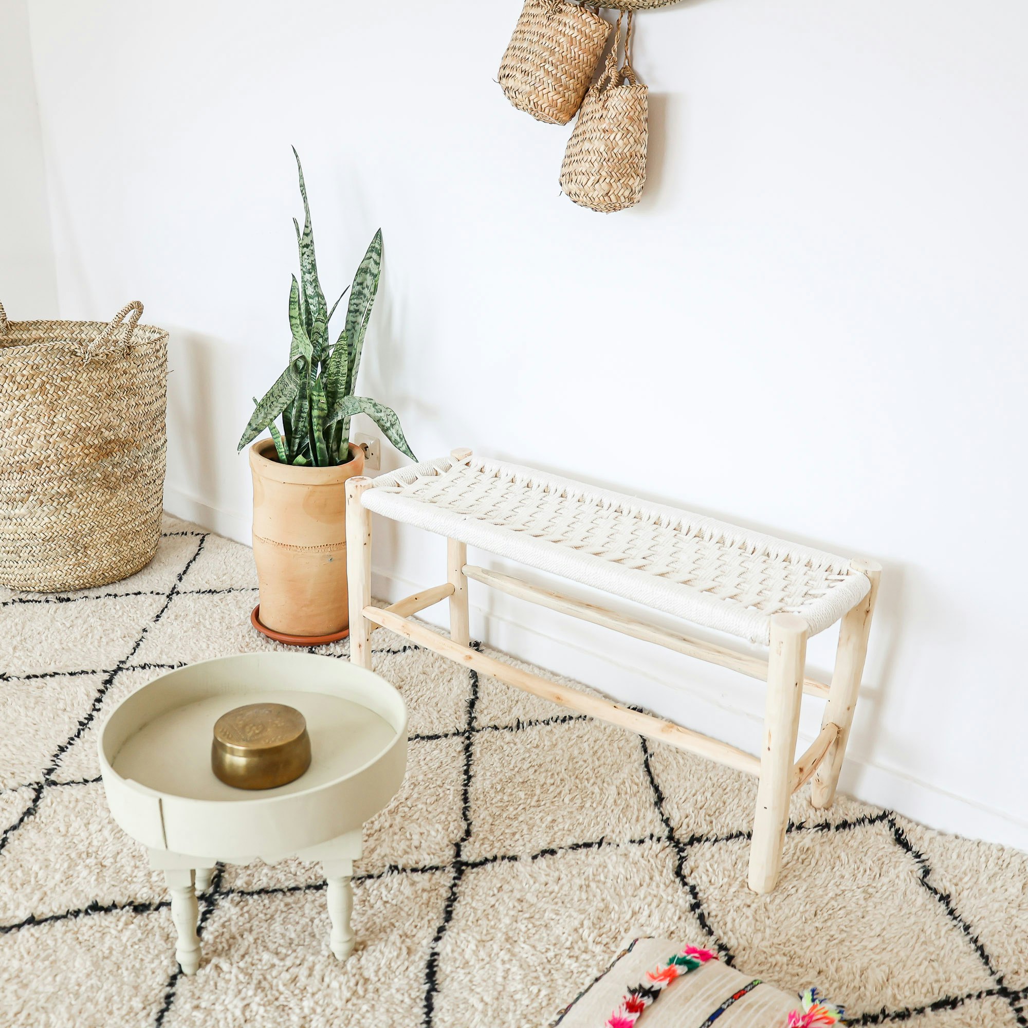 Moroccan Bench in wood and braided coton