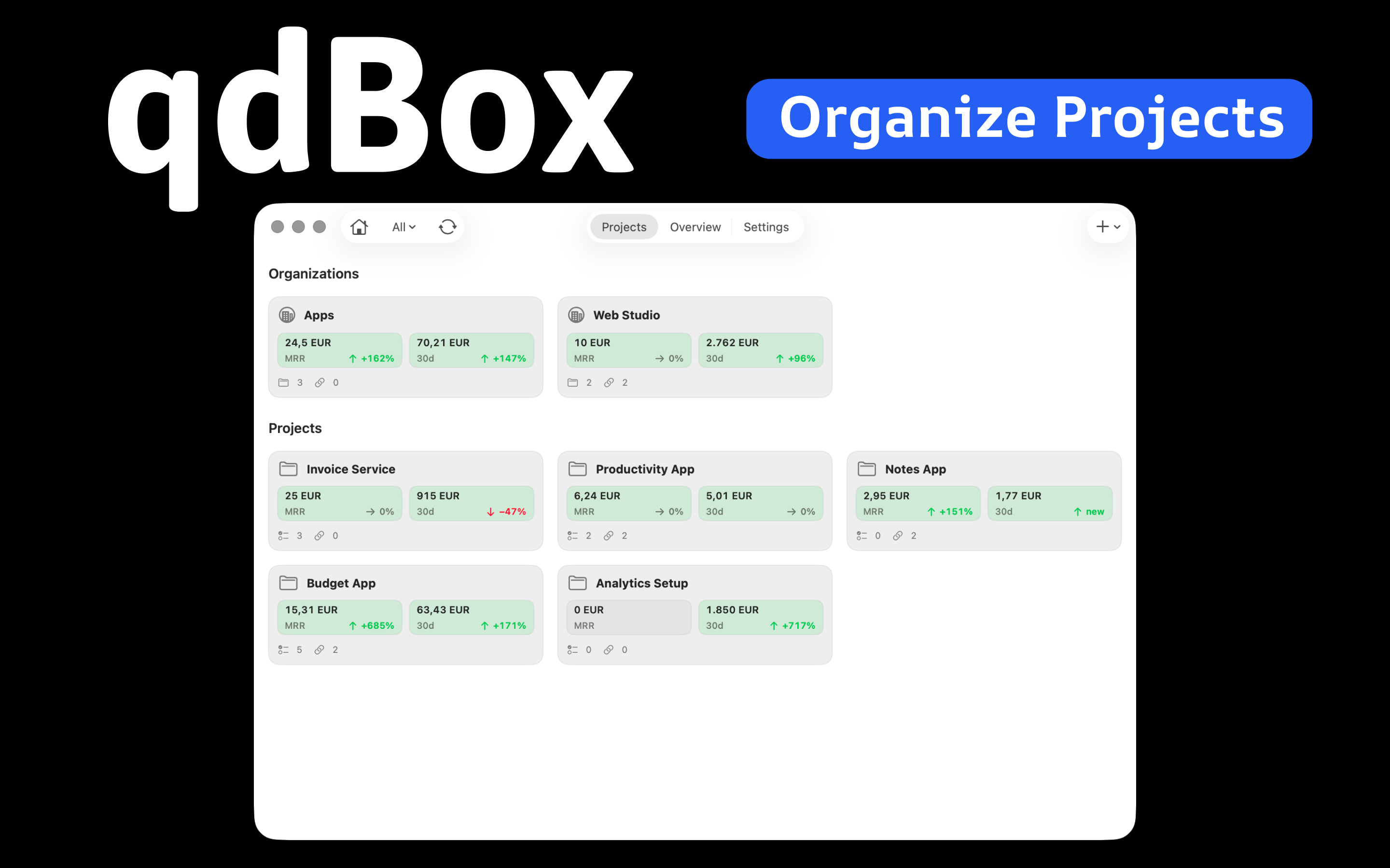 qdBox — Projects, Tasks & Revenue - Main product screenshot demonstrating key features and user interface