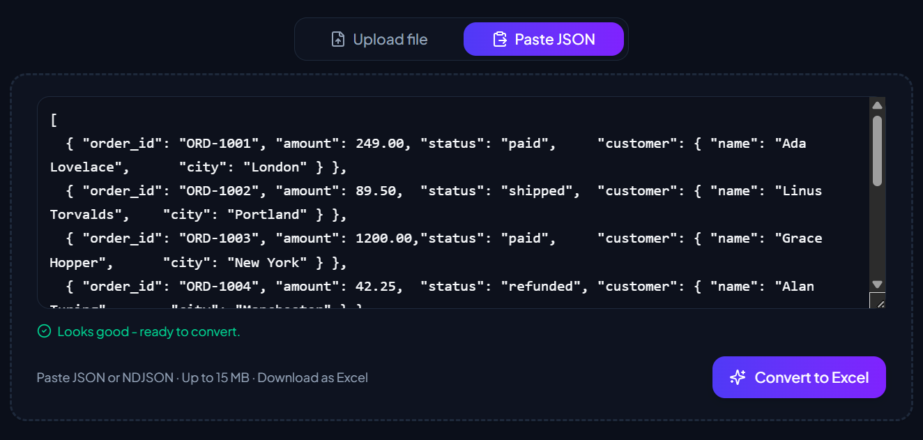 JSON to Excel gallery image