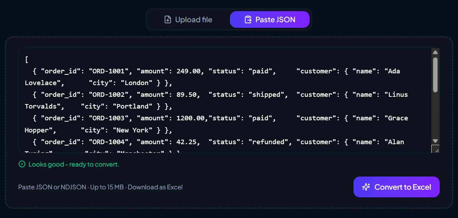 JSON to Excel screenshot 3