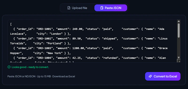 JSON to Excel screenshot 3