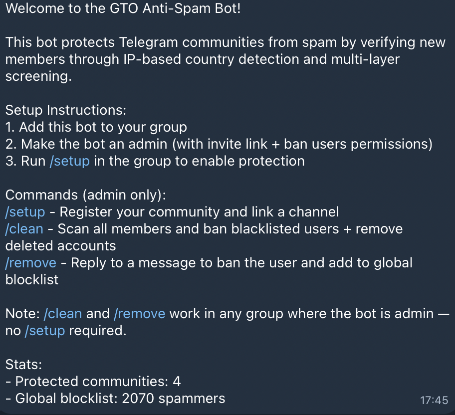 GTO Antispam Telegram Bot - Screenshot 3 showing product features and functionality