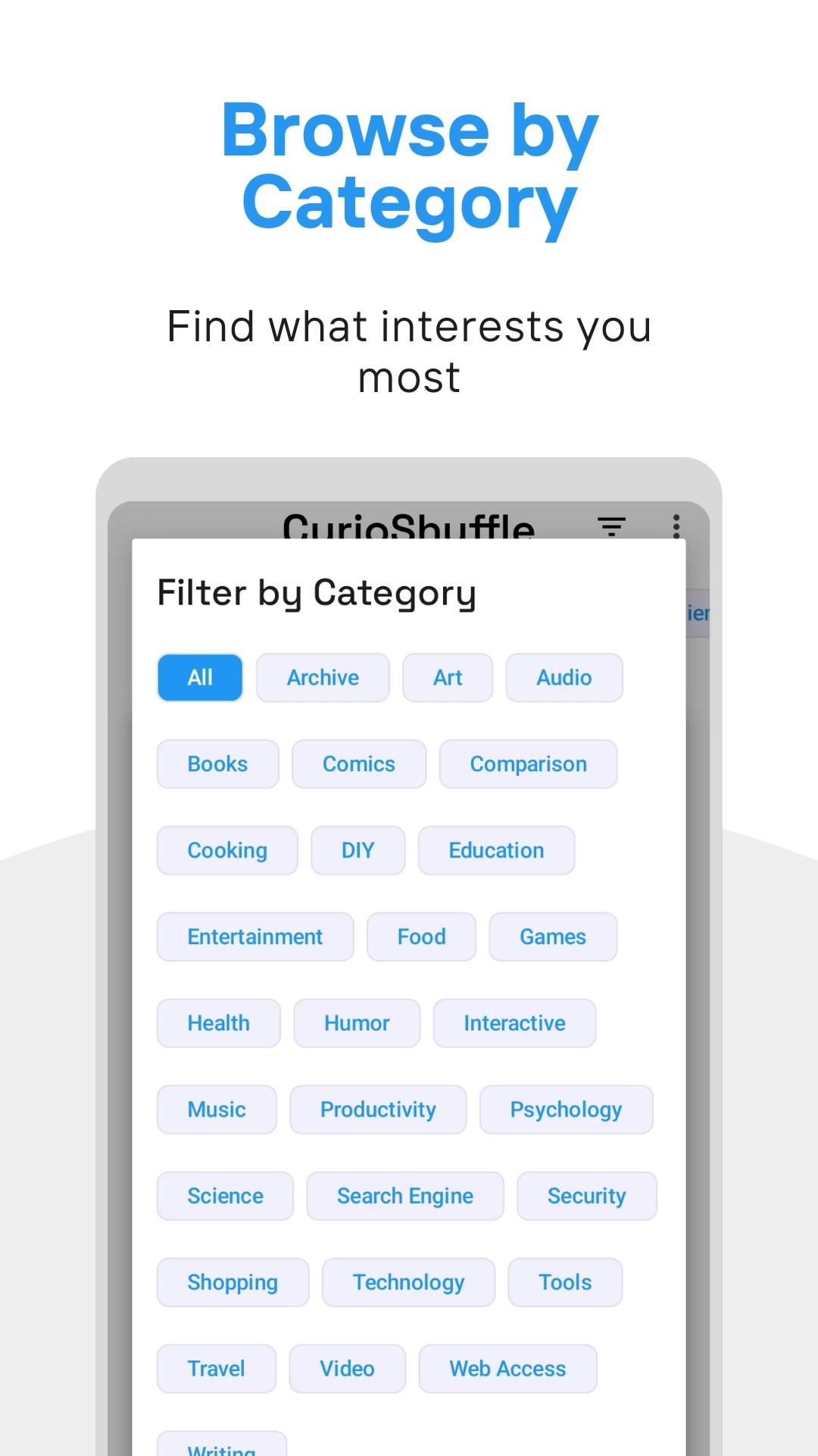 CurioShuffle – Discover Websites - Screenshot 3 showing product features and functionality