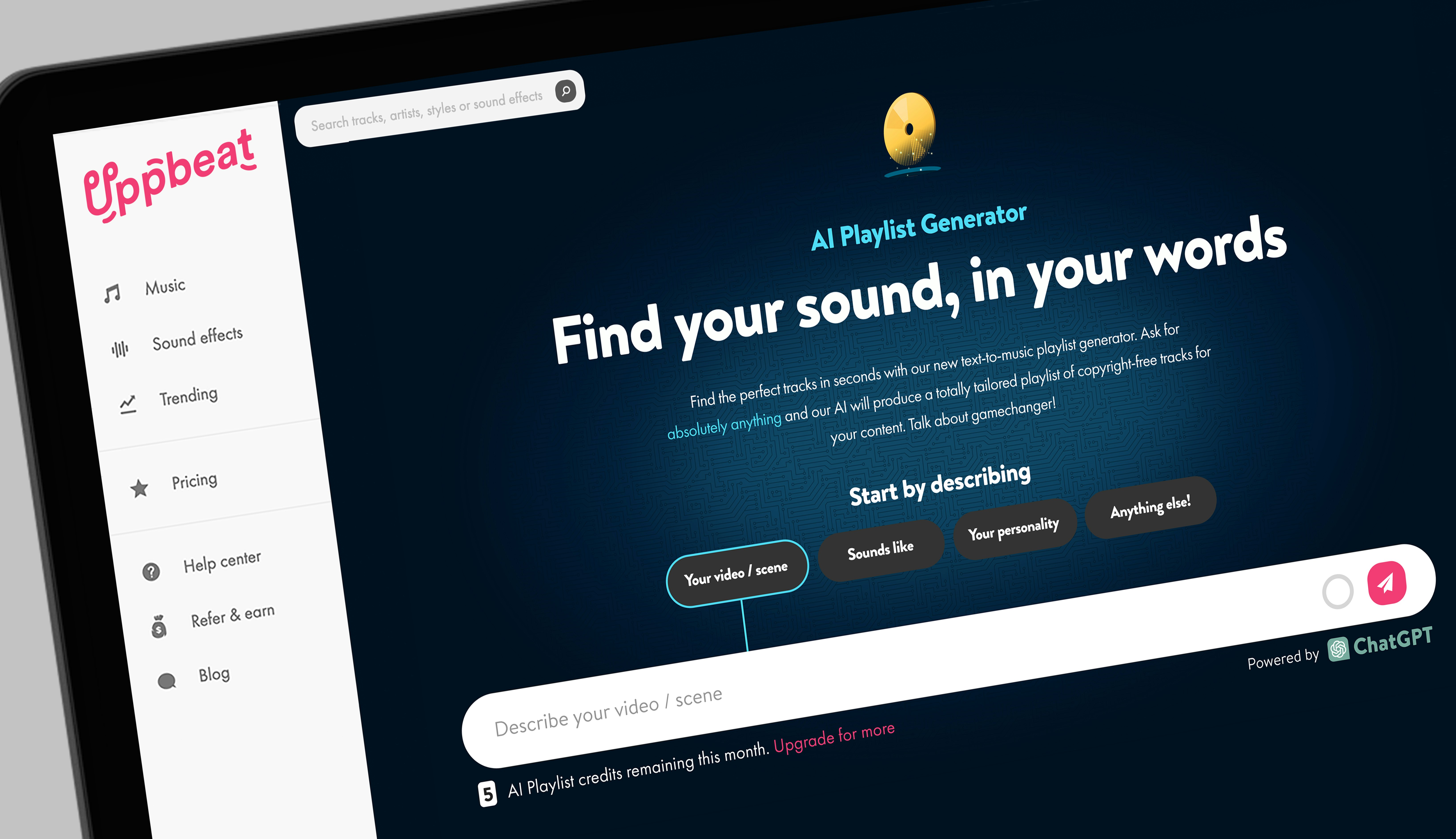Uppbeat AI播放列表发电机 - GPT驱动的内容创建者的音乐工具媒体2