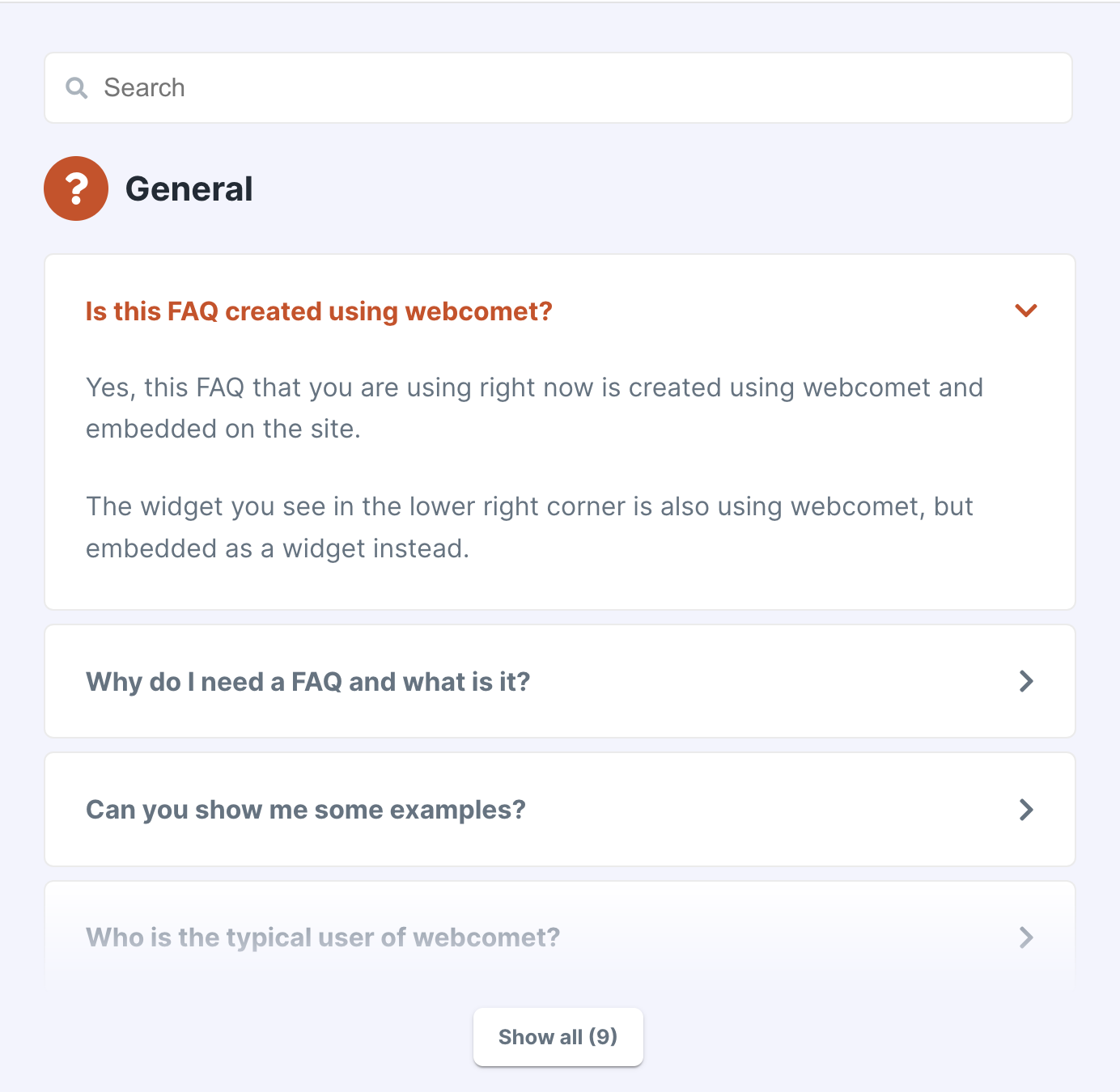 Mídia 2 de WebComet FAQ - Crie, gerencie e publique perguntas frequentes para sites e aplicativos