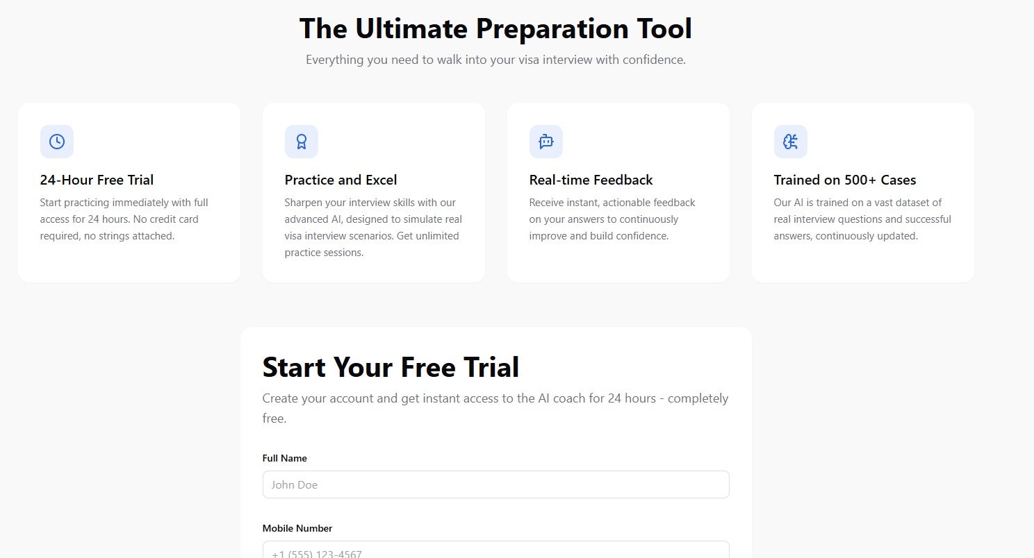 F1 AI Visa Officer (Interview coach) - Main product screenshot demonstrating key features and user interface