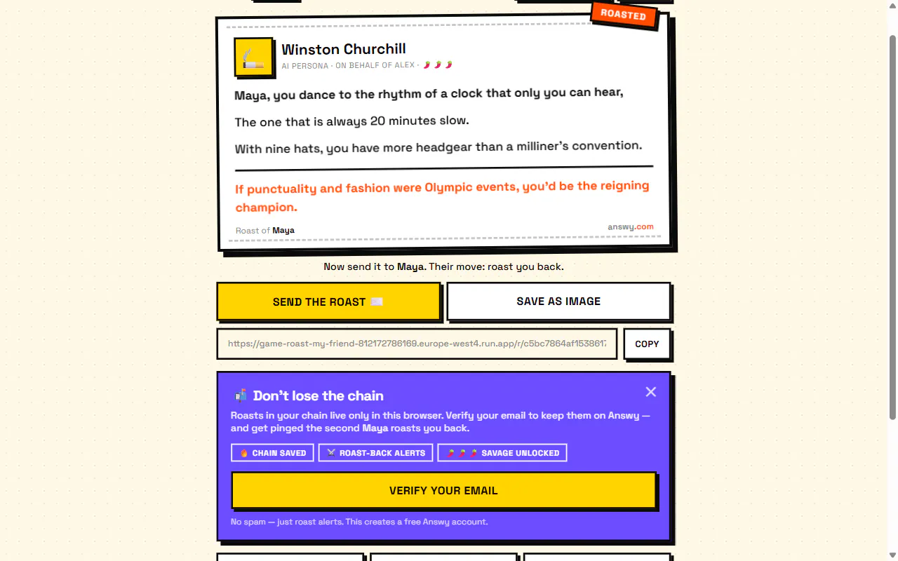 Roast My Friend — an Answy game gallery image