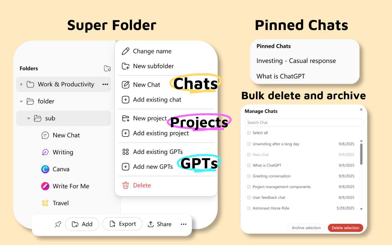 Média Chatgpt mods chrome Extension - Supercharge Chatgpt avec des dossiers, des invites, des exportations et plus 2