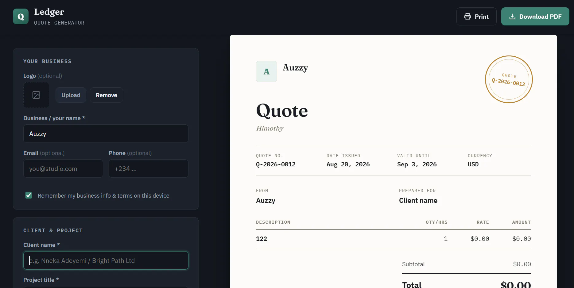 Ledger — Freelance Quote Generator gallery image