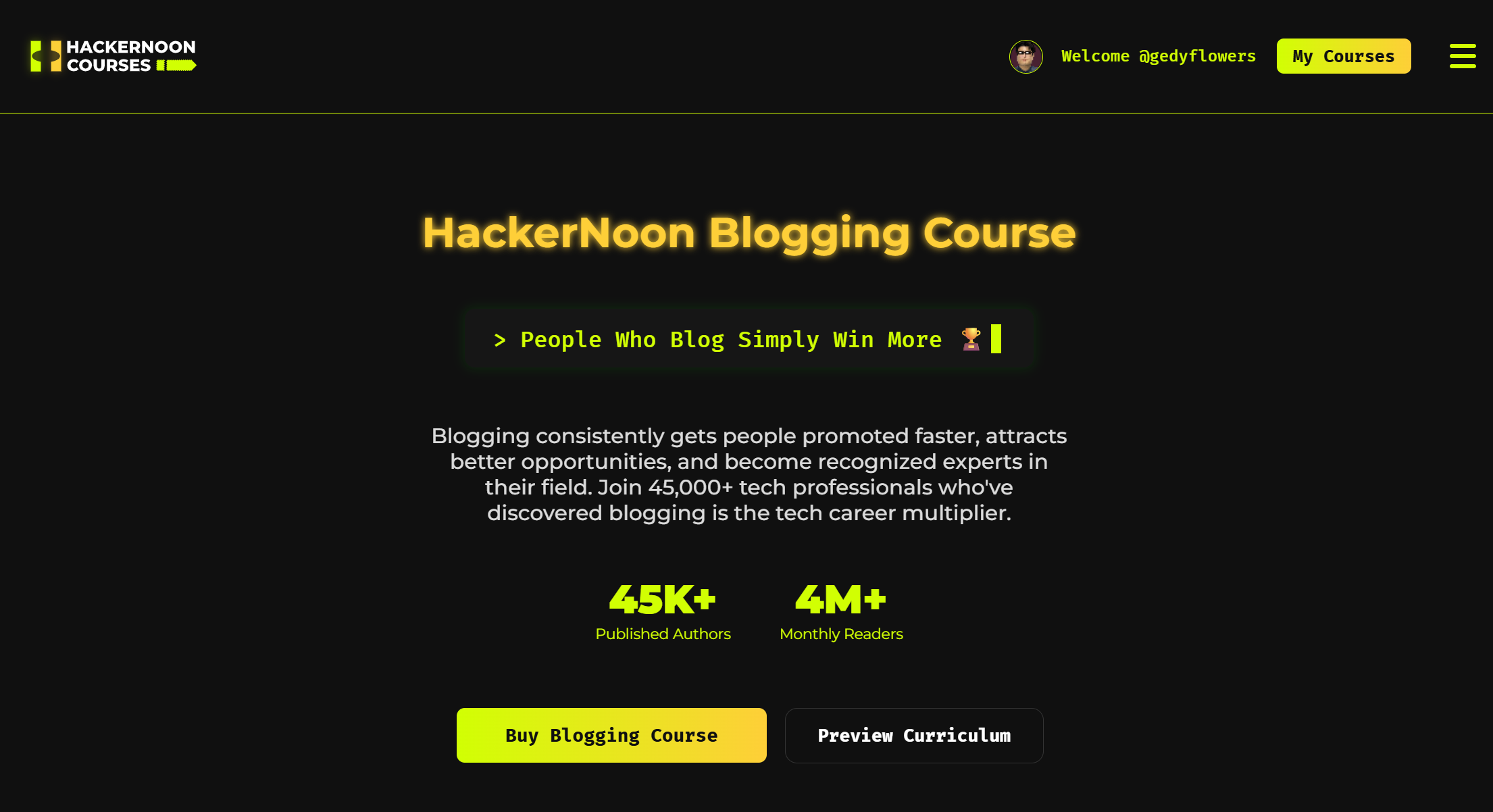 HackerNoon Blogging Course - Main screenshot showing features and interface