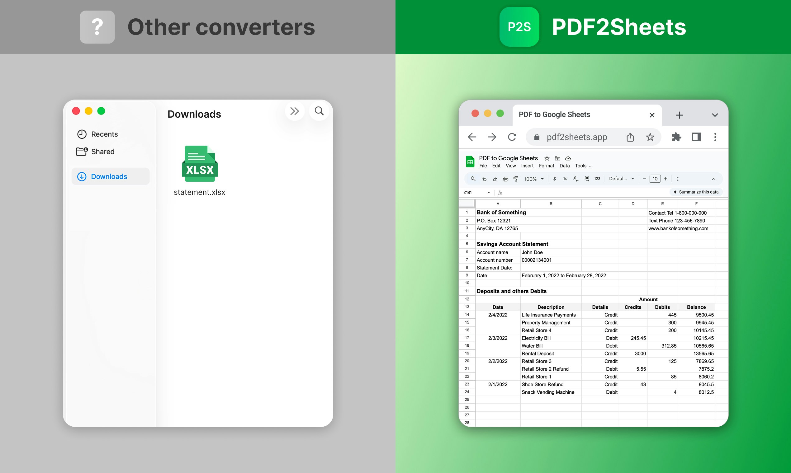 PDF to Google Sheets - Screenshot 4 showing product features and functionality