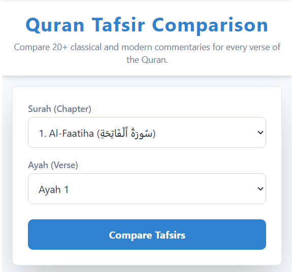 Quran Tafseer Comparison - Main product screenshot demonstrating key features and user interface