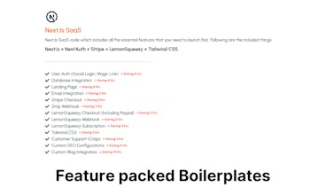 BoilerCode의 Stripe, LemonSqueezy, Auth 및 Emails와 함께 사전 패키지화된 통합 기능의 스크린샷