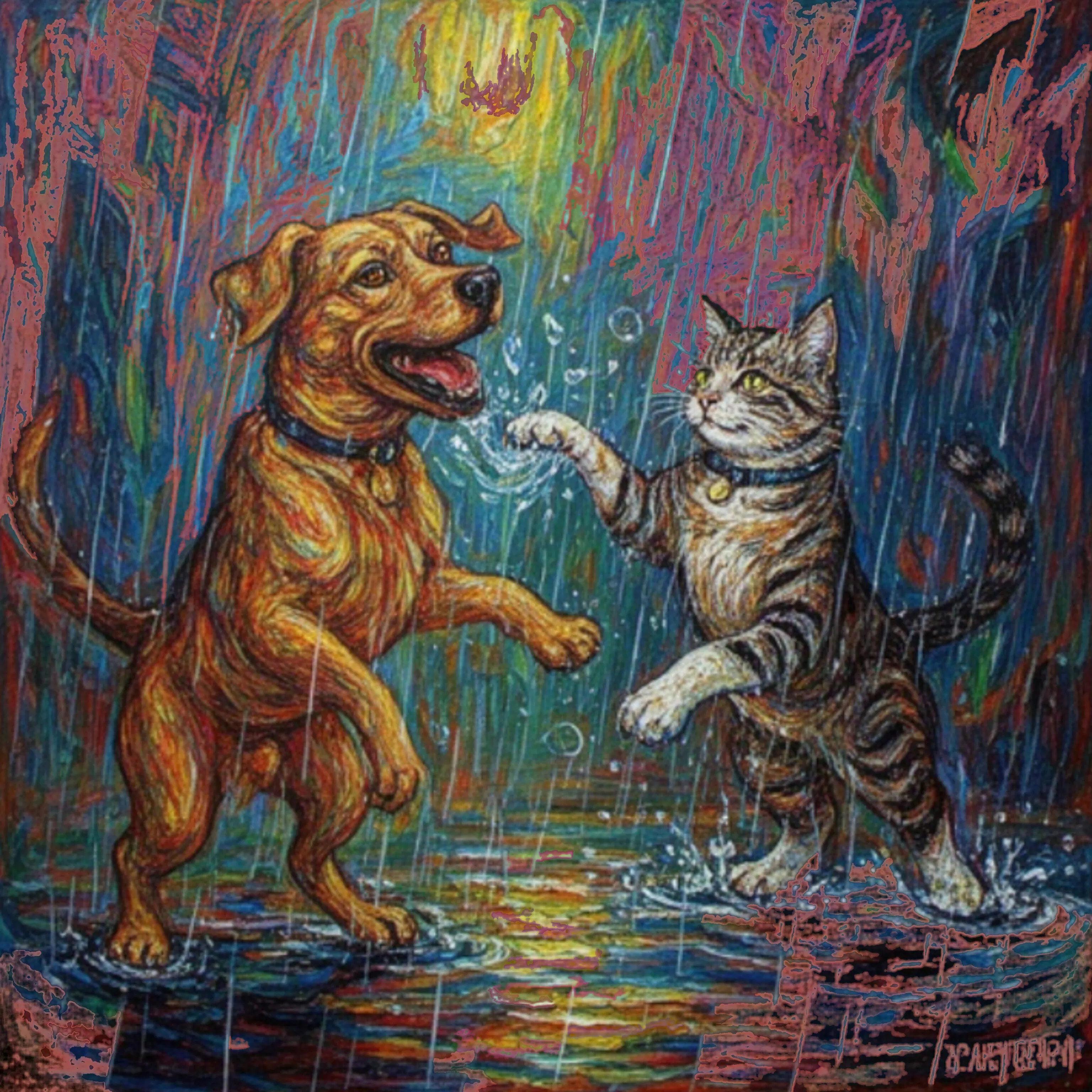 Cat And Dog Playing In The Rain 