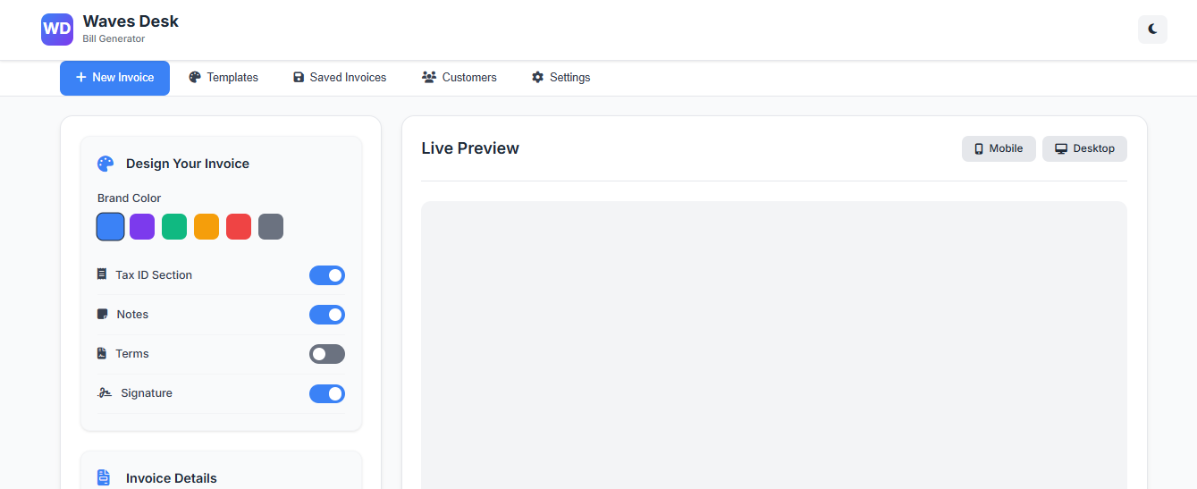 Waves Desk - Bill Generator - Main product screenshot demonstrating key features and user interface