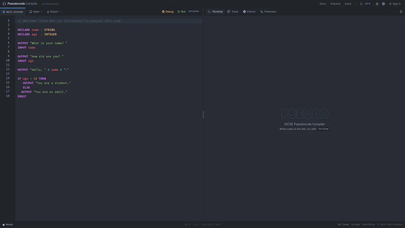 IGCSE & A Level Pseudocode Compiler screenshot 1