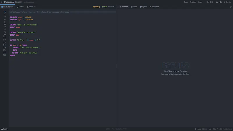 IGCSE & A Level Pseudocode Compiler screenshot 1