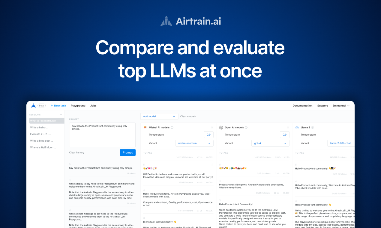 startuptile Airtrain.ai LLM Playground-Vibe-check many open-source and proprietary LLMs at once