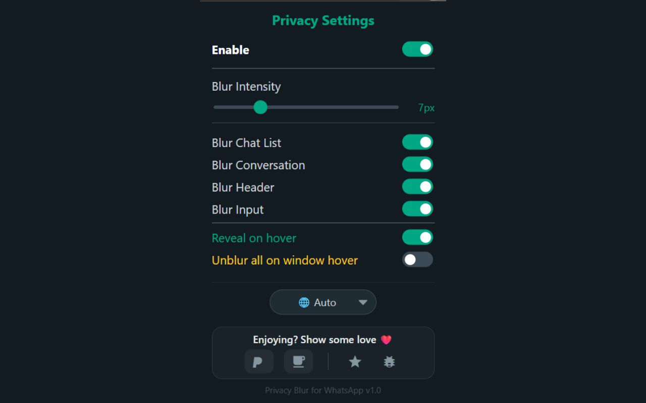 Privacy Blur for WhatsApp - Main product screenshot demonstrating key features and user interface