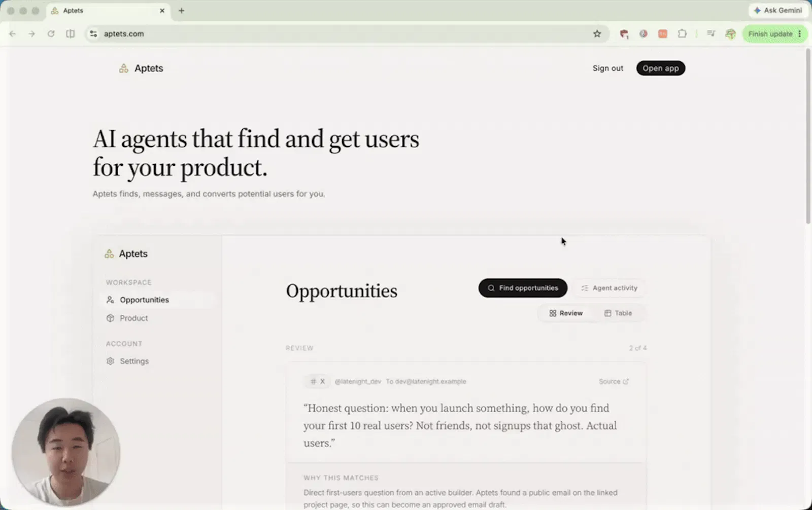 Aptets: outreach for vibe-coded projects screenshot 1 (video preview)