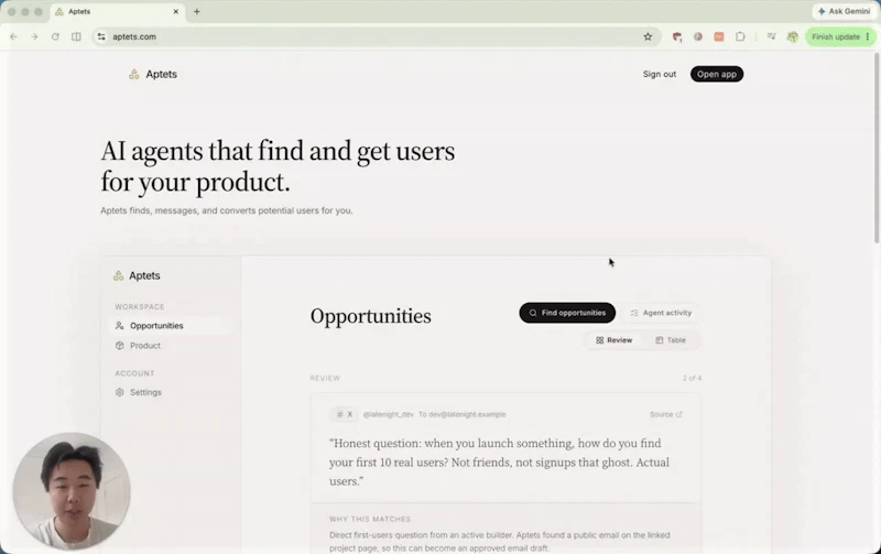 Aptets: outreach for vibe-coded projects screenshot 1 (video preview)