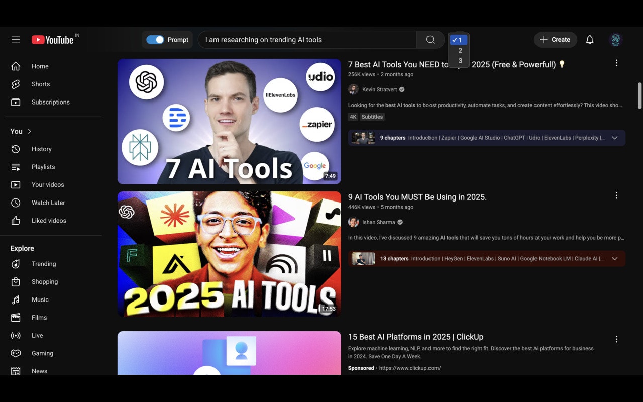 Promptube - Zoek YouTube met prompts - Zoek YouTube met behulp van natuurlijke taalprompts media 3
